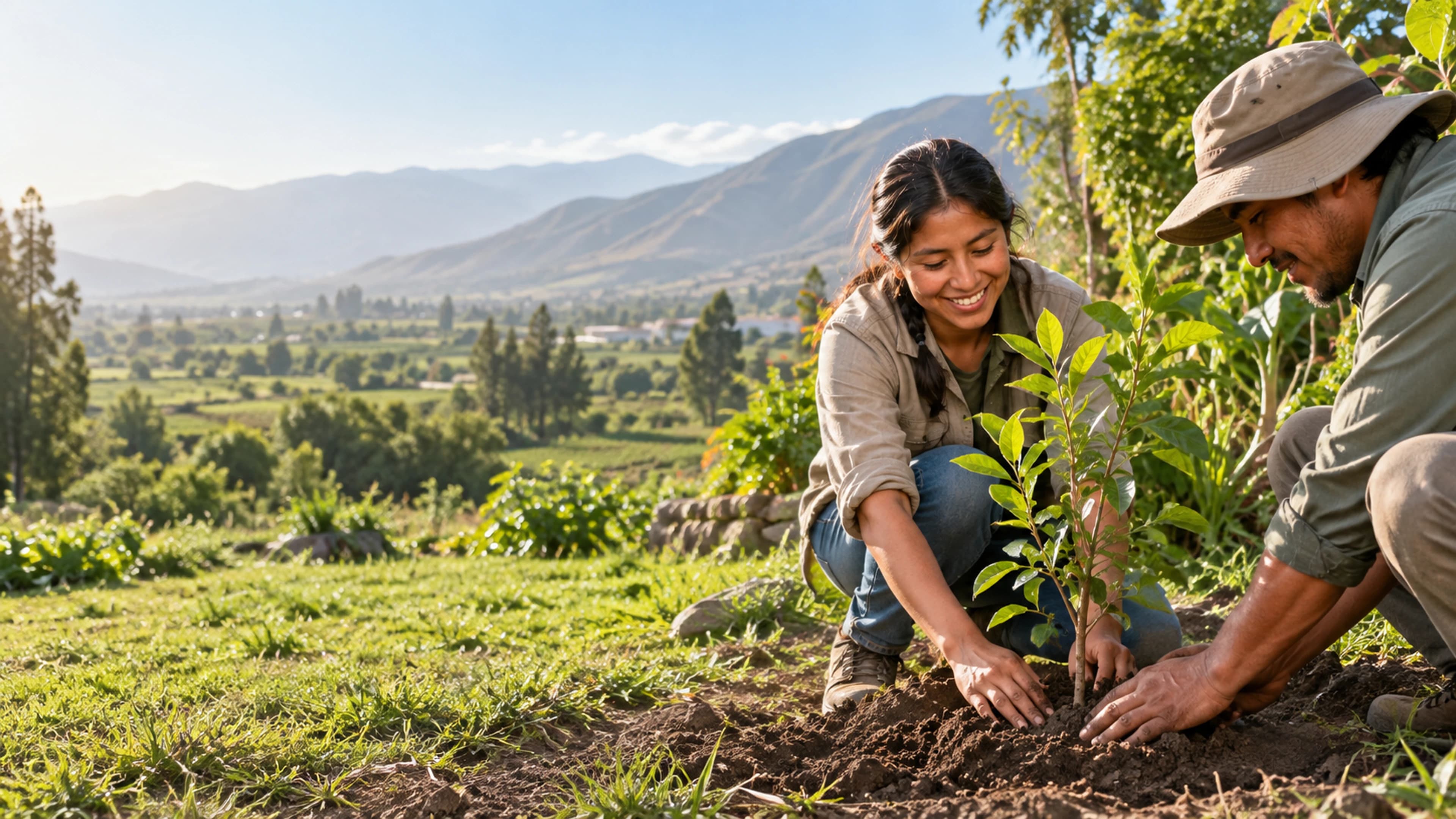 Voluntarios plantando un árbol en una comunidad