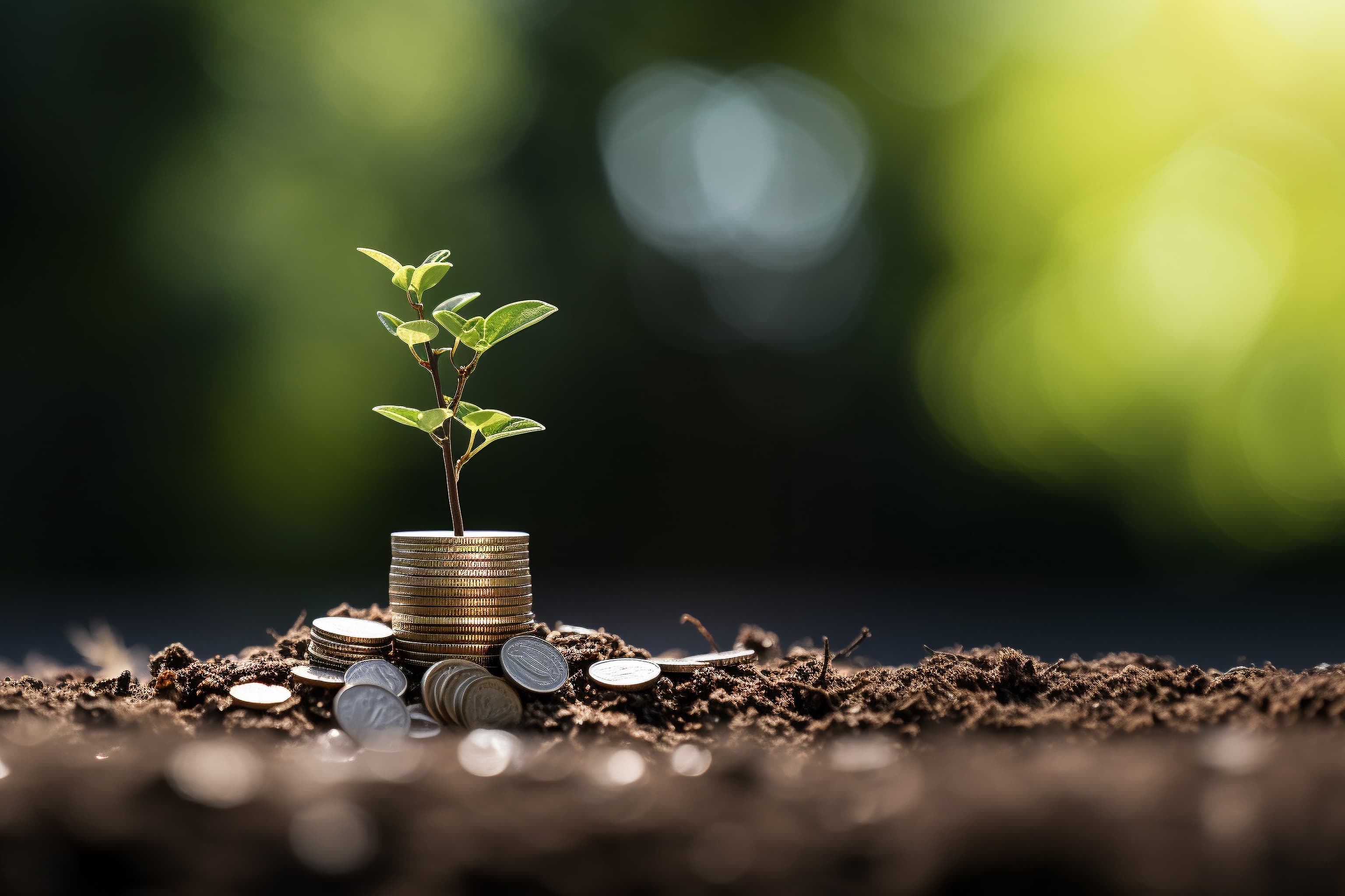 Una planta creciendo sobre monedas, símbolo de inversión con impacto